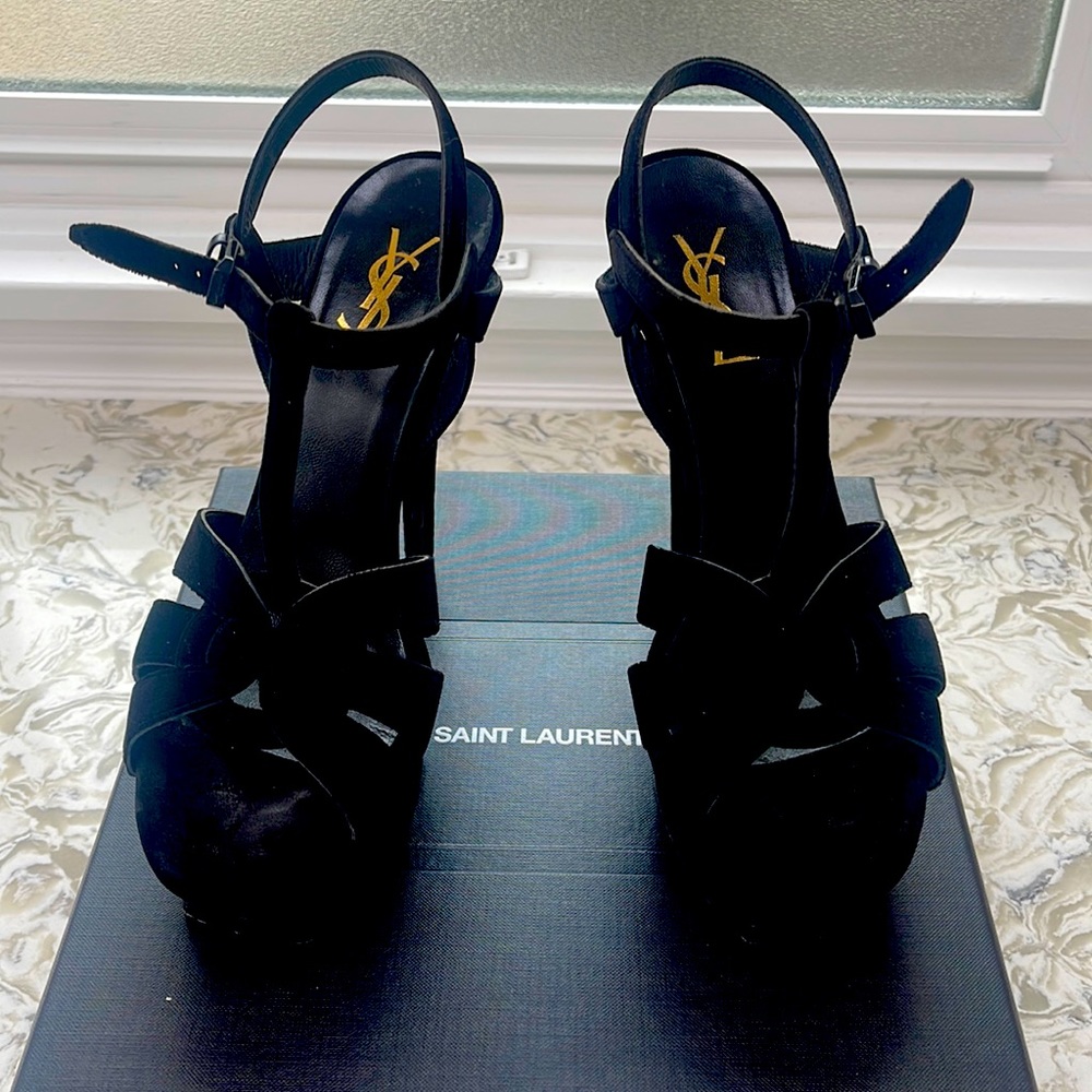 Saint Laurent black velvet high heel Sandles